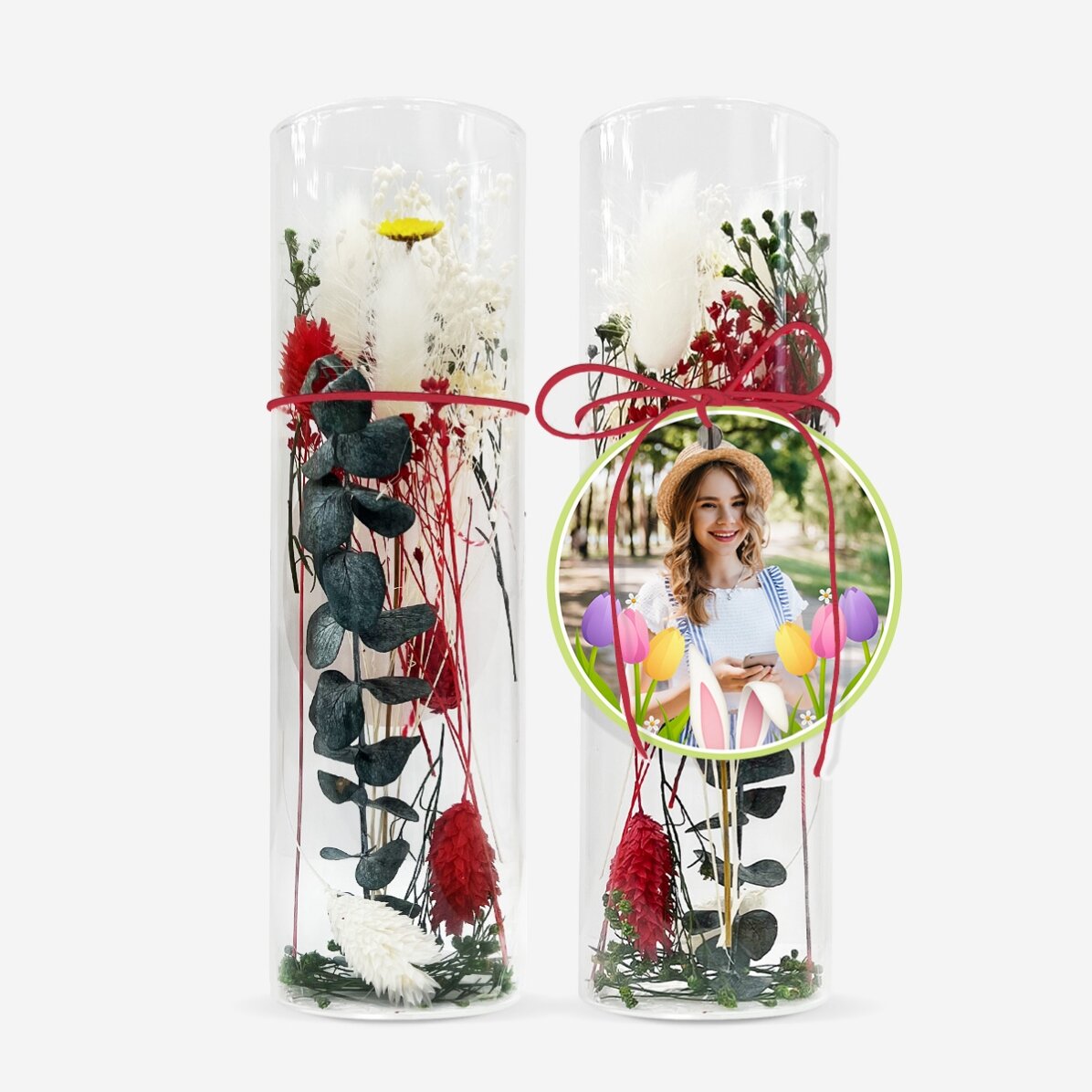 Glasornament met geconserveerde bloemen, gepersonaliseerd met een foto - Pasen
