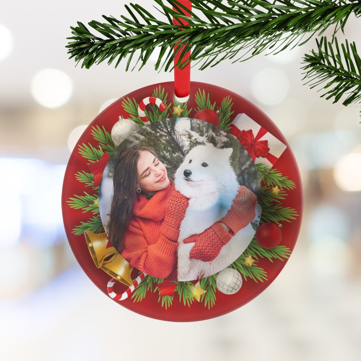 Ronde, gepersonaliseerde versiering met een foto - Kerstmis