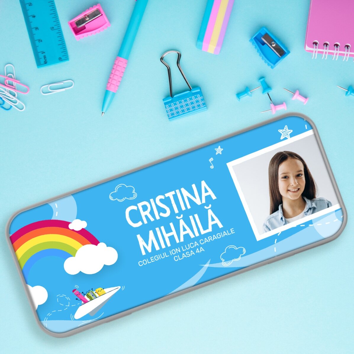 Personalised pencil case with a photo and text - Rainbow model