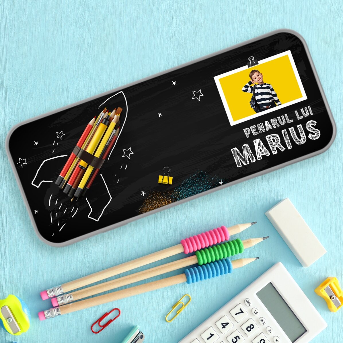 Personalised pencil case with a photo and text - Racheta