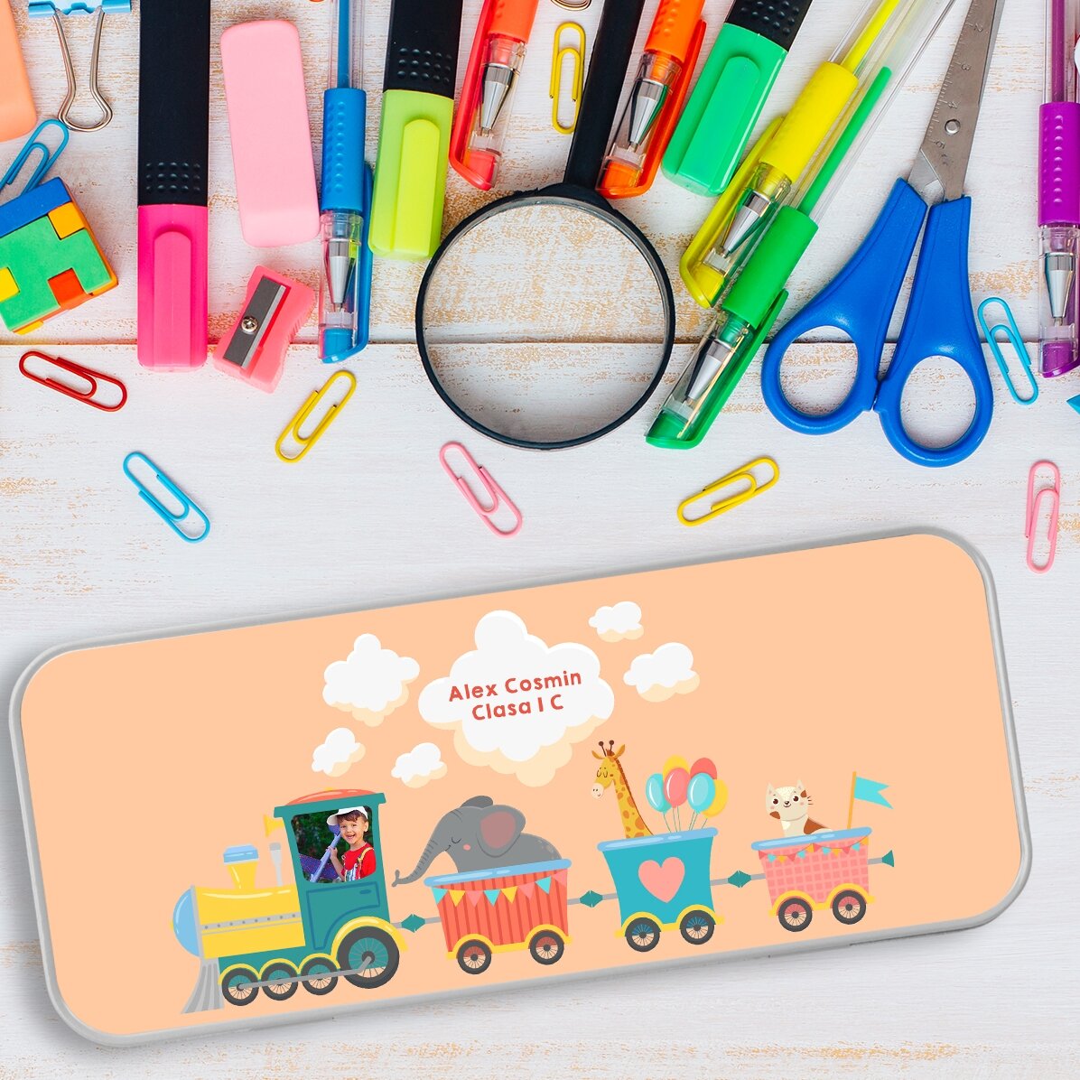 Gepersonaliseerd etui met een foto en tekst - Treintje