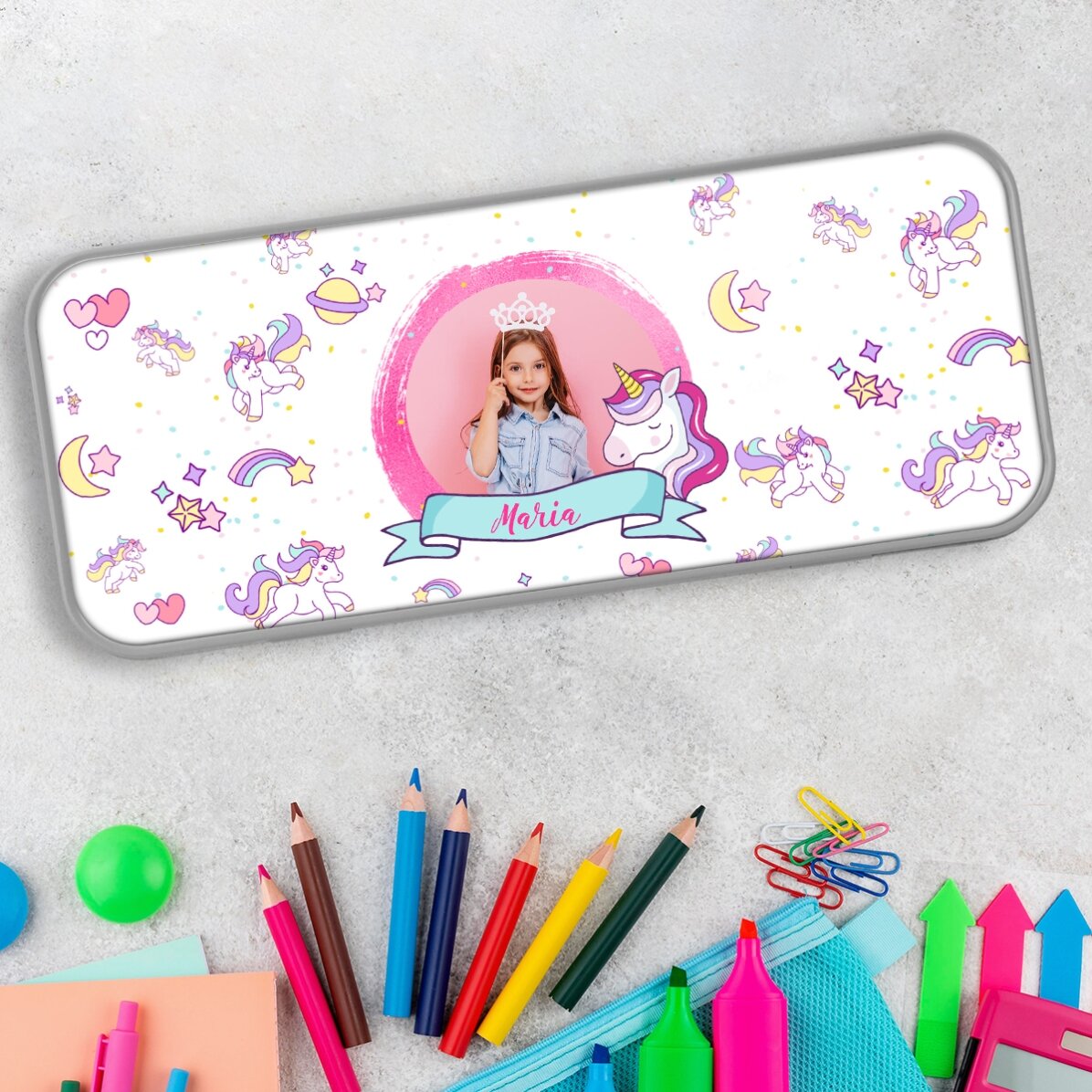 Gepersonaliseerd etui met een foto en tekst - Eenhoorn