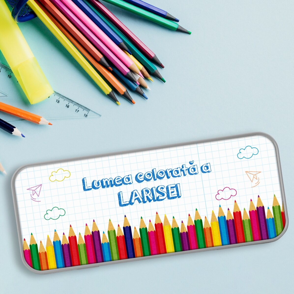 Gepersonaliseerd etui met tekst - Een kleurrijke wereld