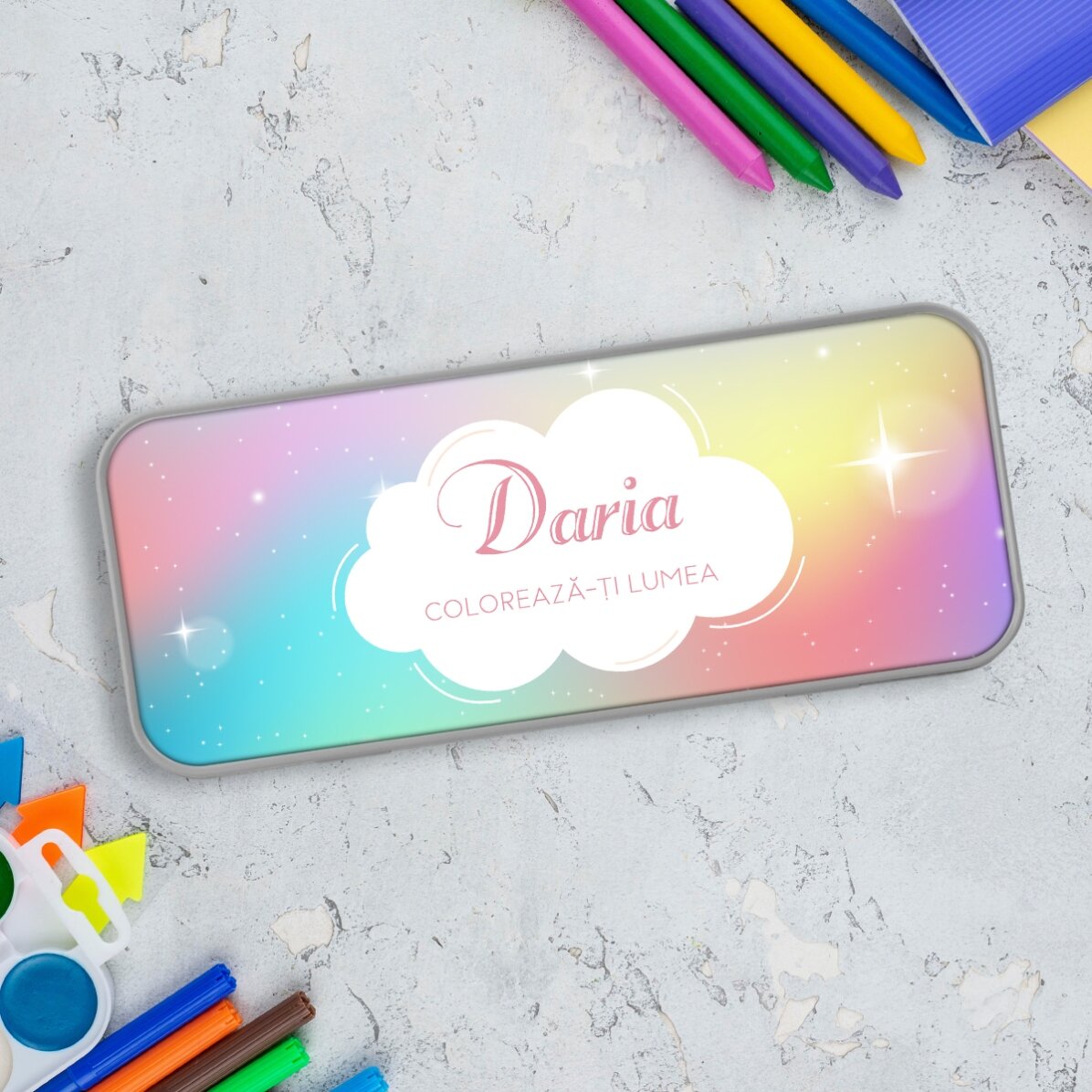 Gepersonaliseerd etui met tekst - Rainbow