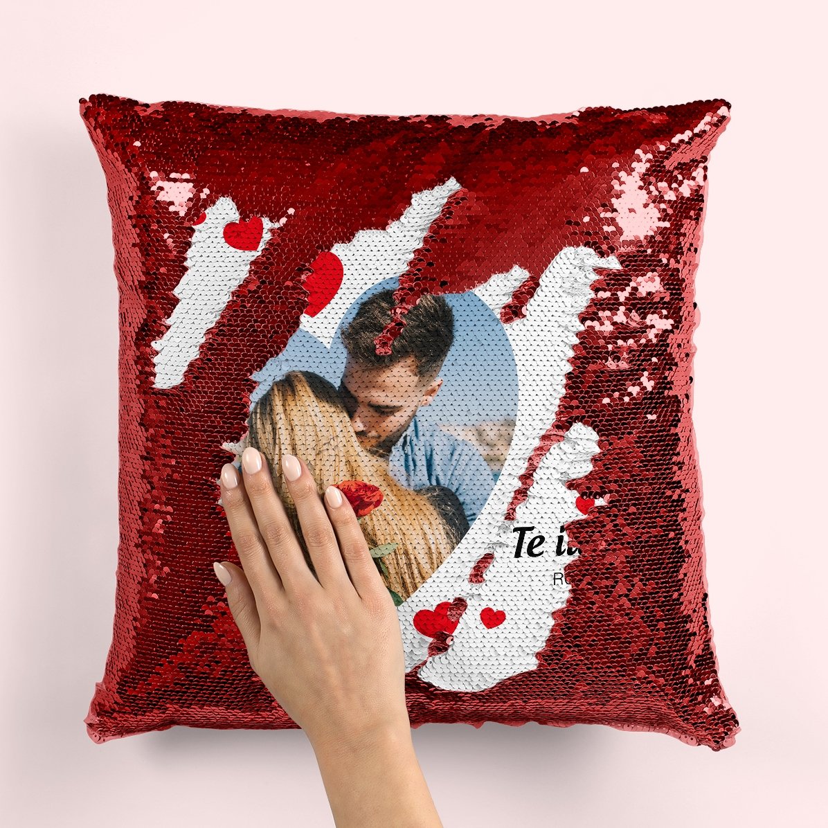 Personalised sequinned cushion with a photo and love message