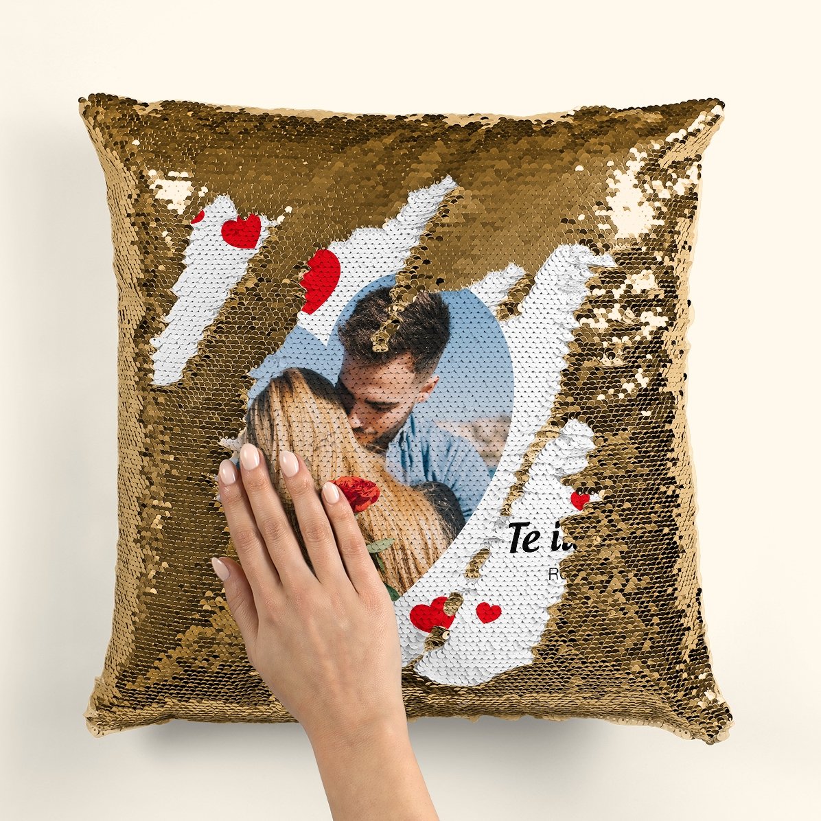 Personalised sequinned cushion with a photo and love message