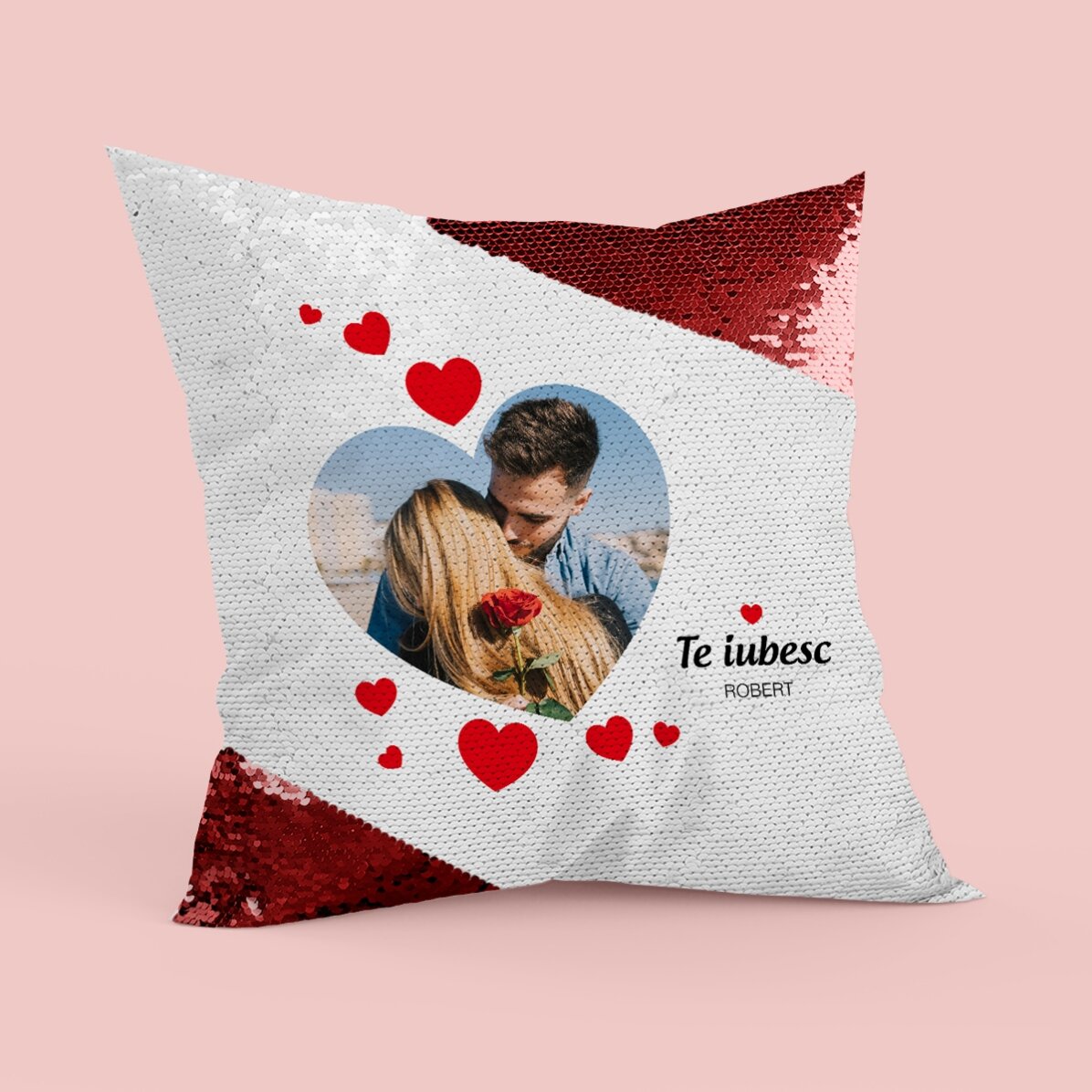 Personalised sequinned cushion with a photo and love message