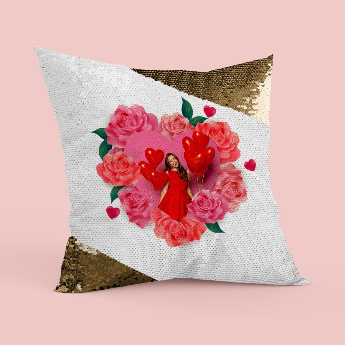 Personalised sequinned cushion with a photo and roses