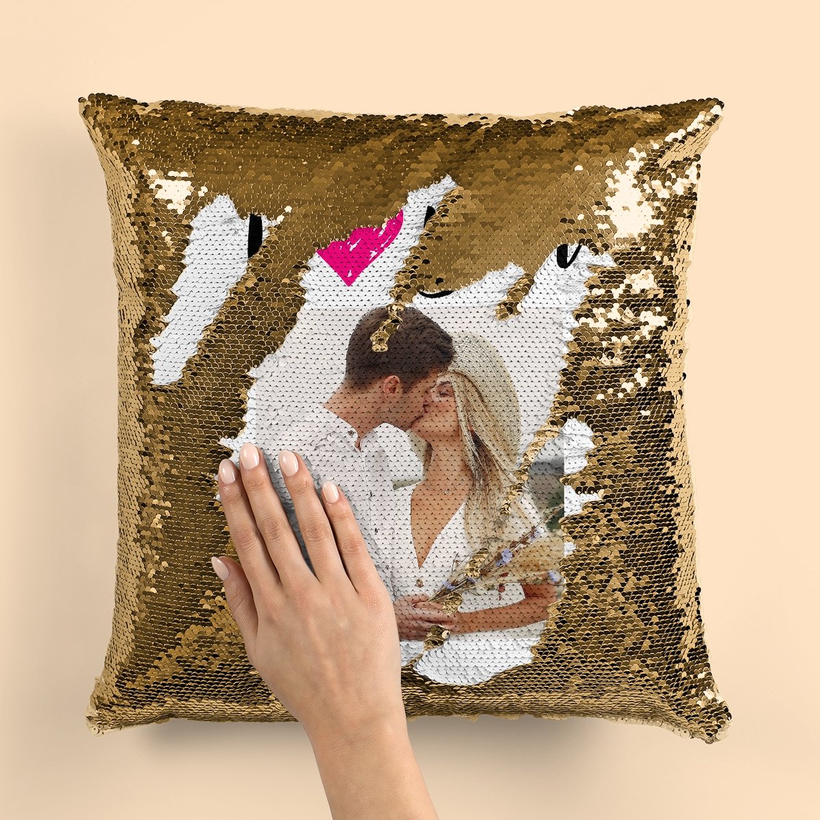 Gepersonaliseerd kussen met pailletten en foto - I love you