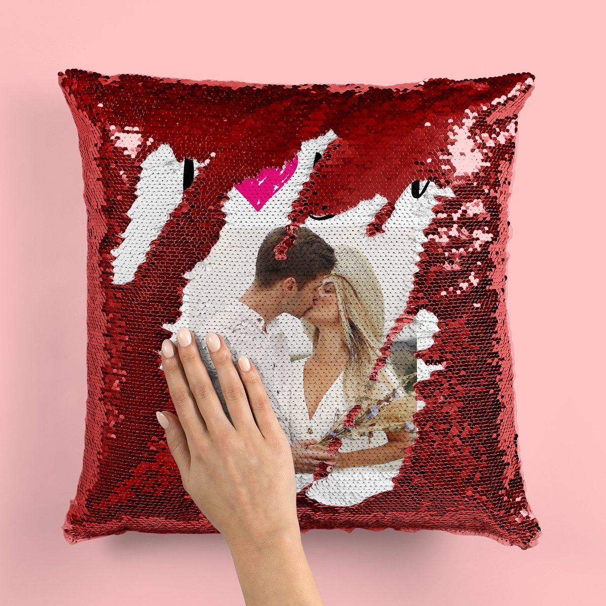 Gepersonaliseerd kussen met pailletten en foto - I love you