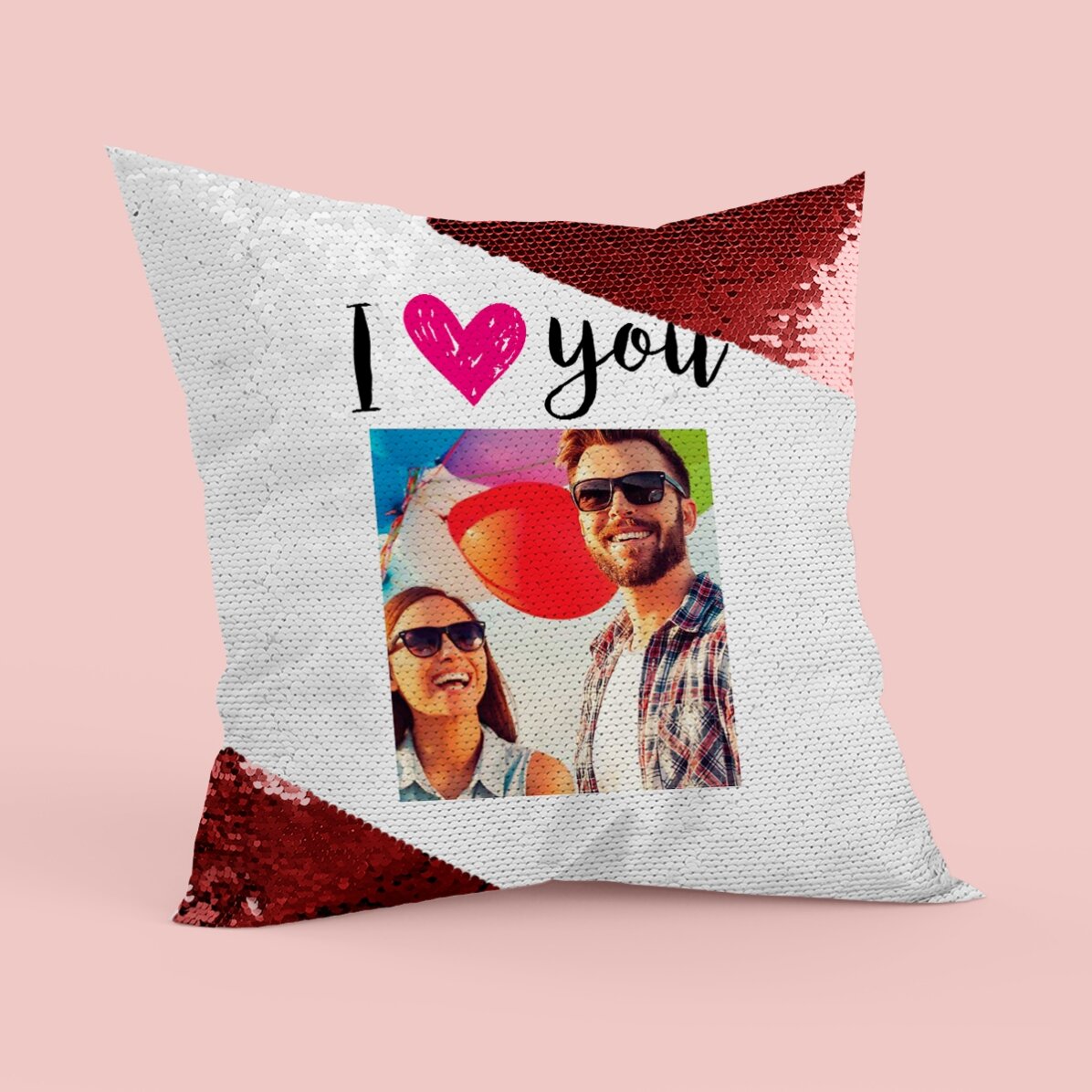 Gepersonaliseerd kussen met pailletten en foto - I love you