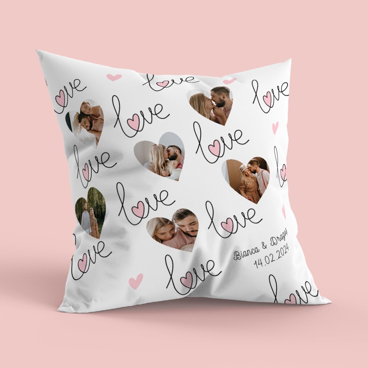 Gepersonaliseerd kussen met 6 foto’s, een hartje en een boodschap - Love