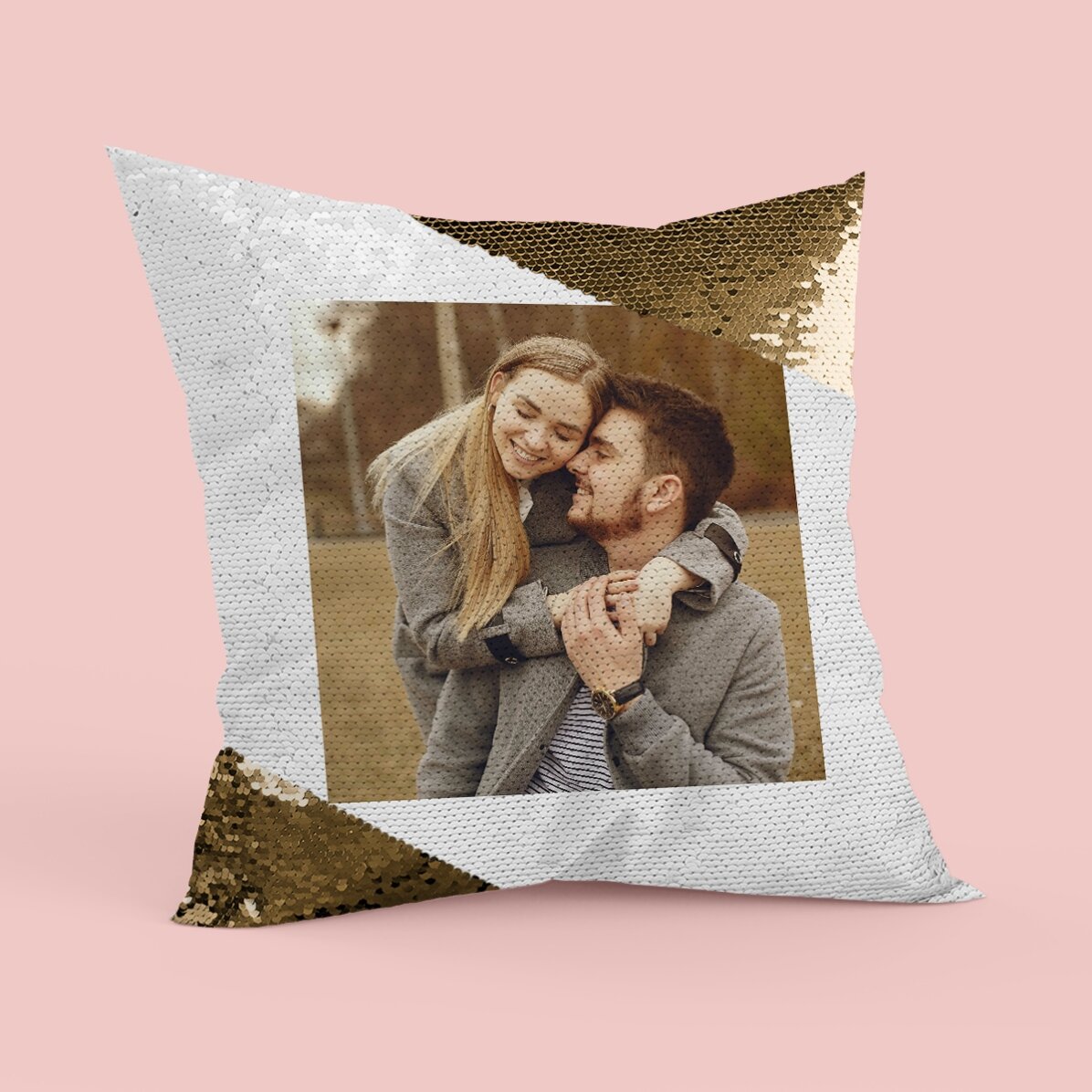Gepersonaliseerd kussen met een vierkante foto - Gouden pailletten