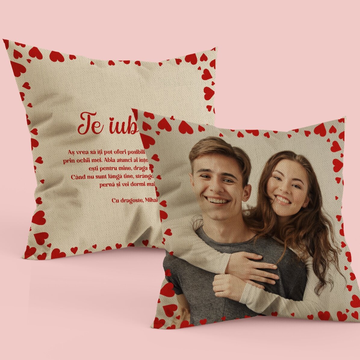 Personalised cushion with a photo and message on both sides - Love