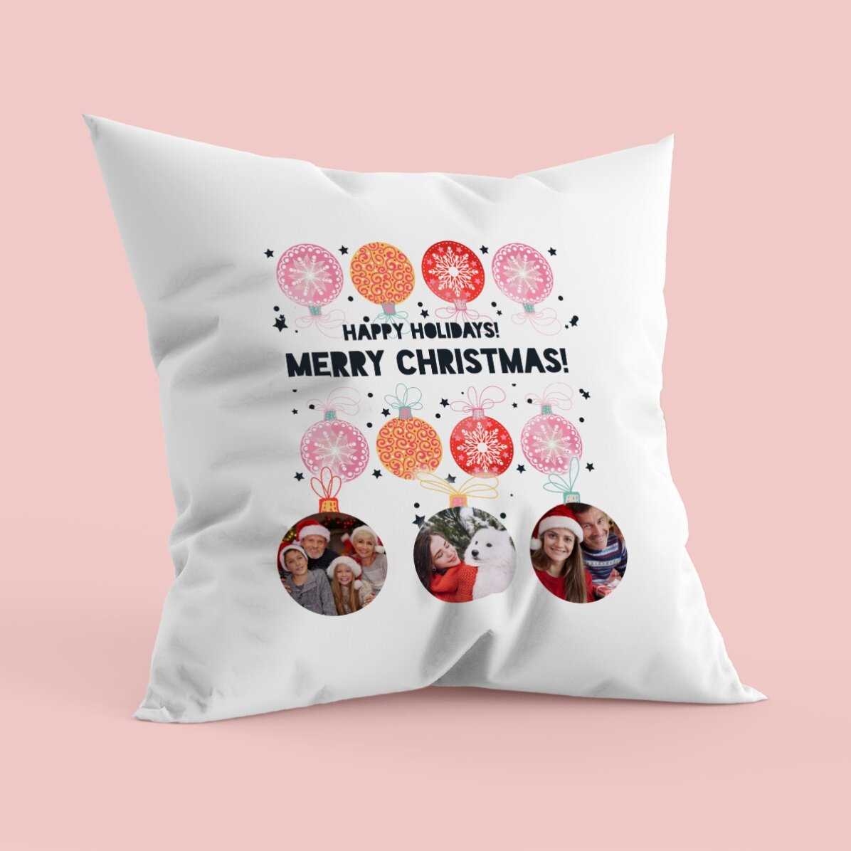 Personalised cushion with three photos and text - Christmas baubles