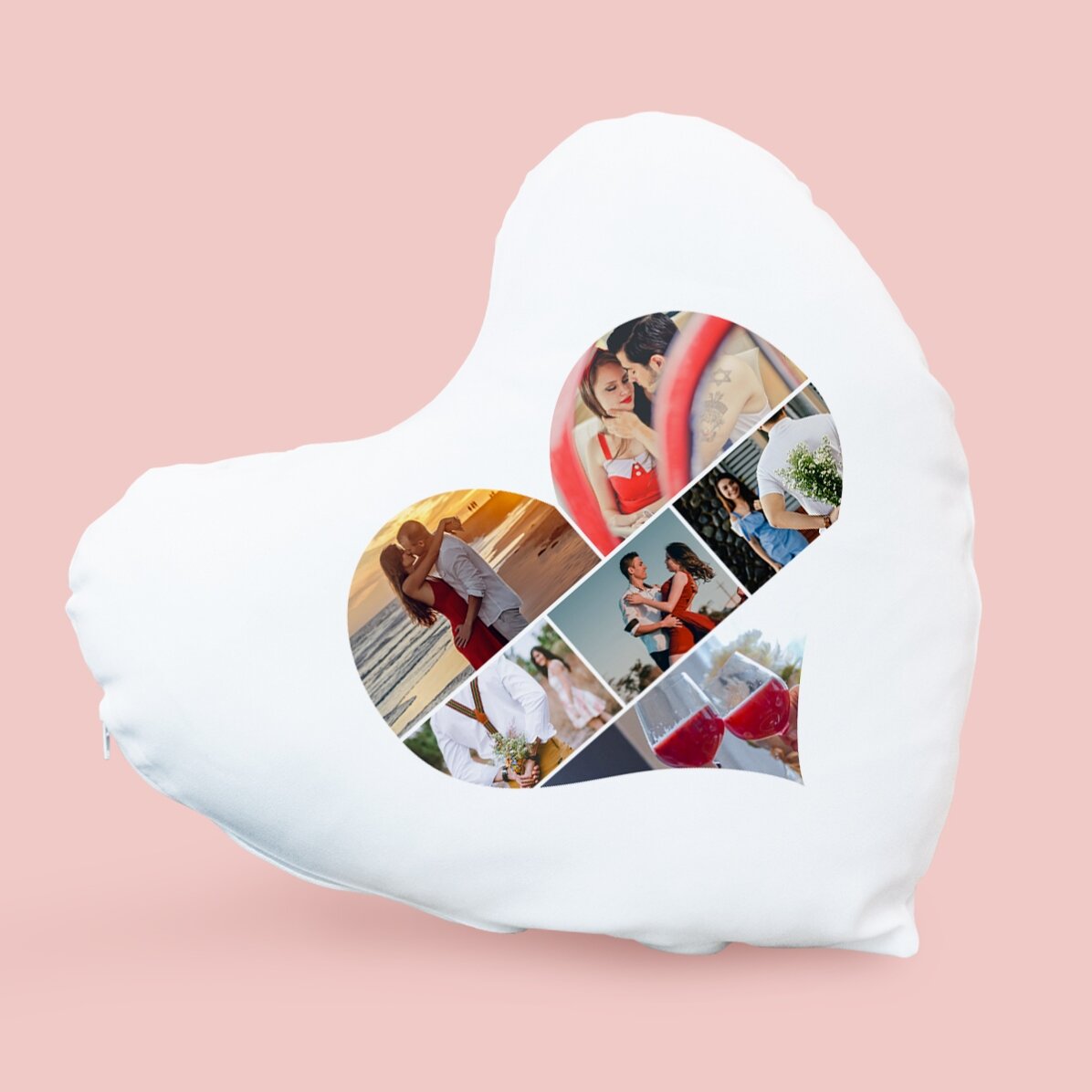 Gepersonaliseerd kussen in de vorm van een hart met 6 foto
