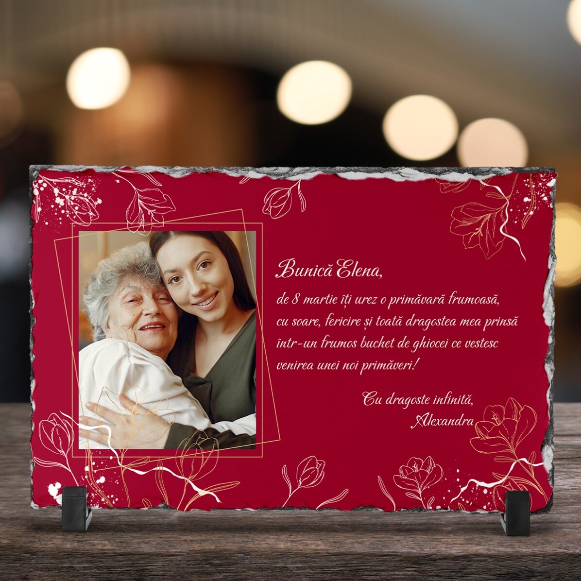 Personalised slate plaque with a photo and message - Flowers