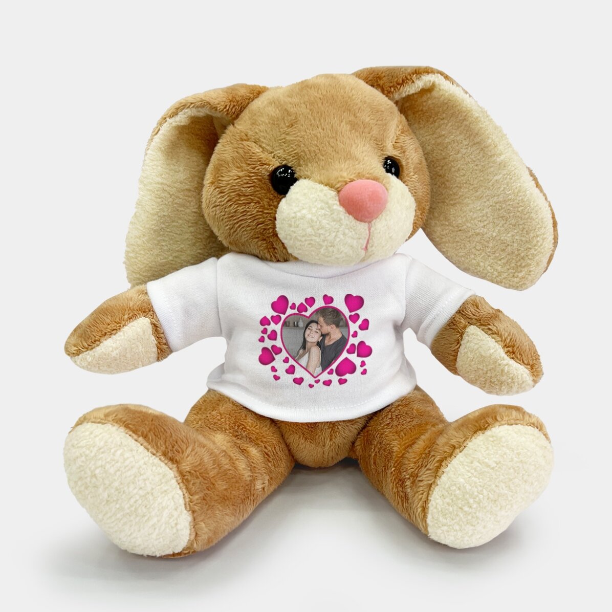 Plus een gepersonaliseerd konijntje met roze hartjes en een foto