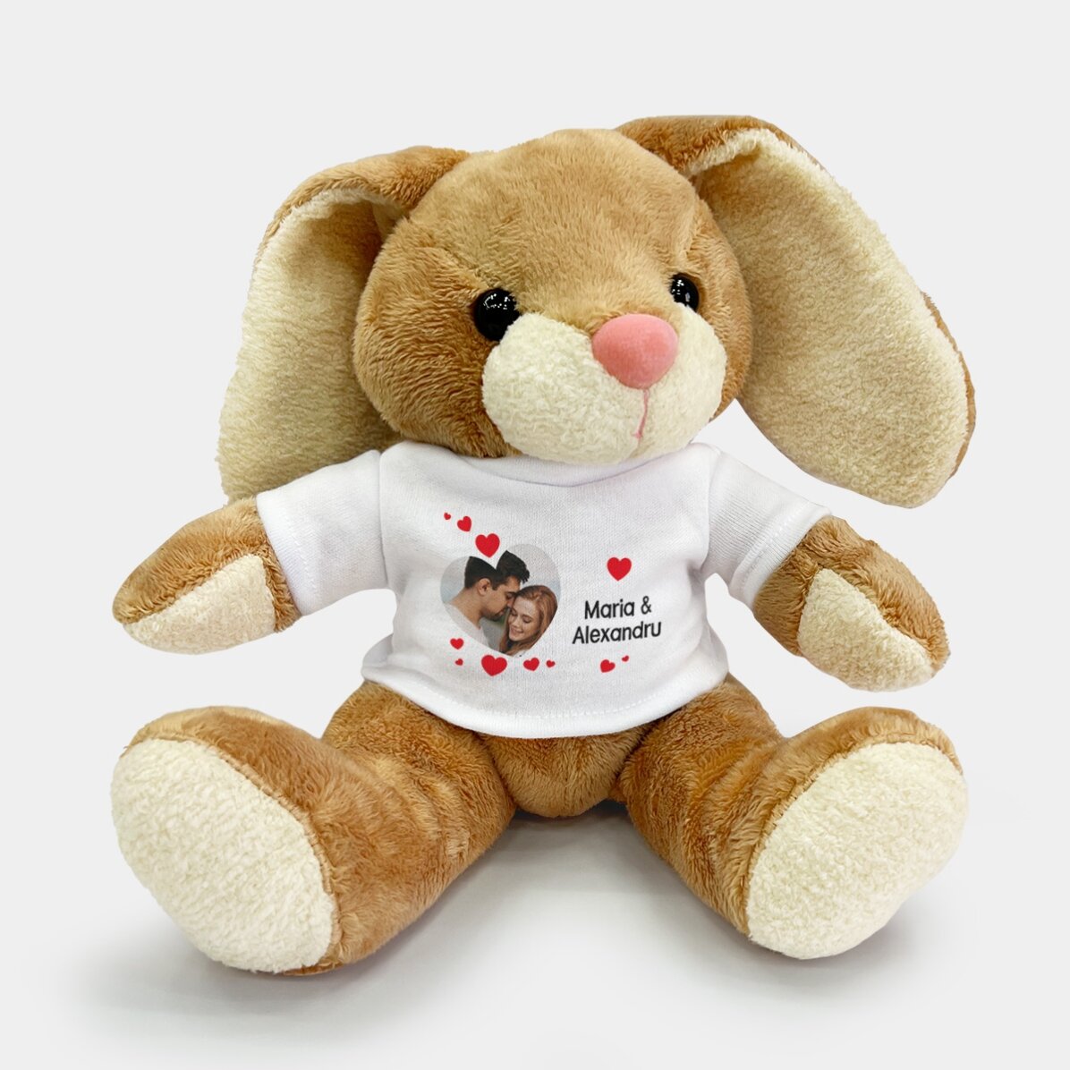 Plus een gepersonaliseerd konijntje met een foto en een liefdesboodschap