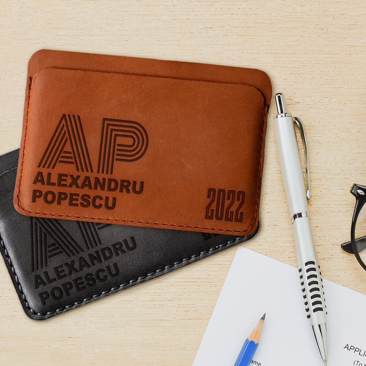 Personalised leather wallet with initials, name and year