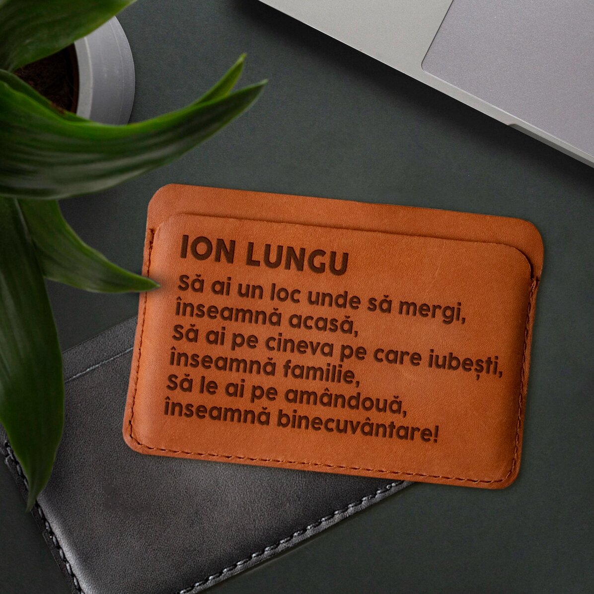 Personalised leather wallet with text for family