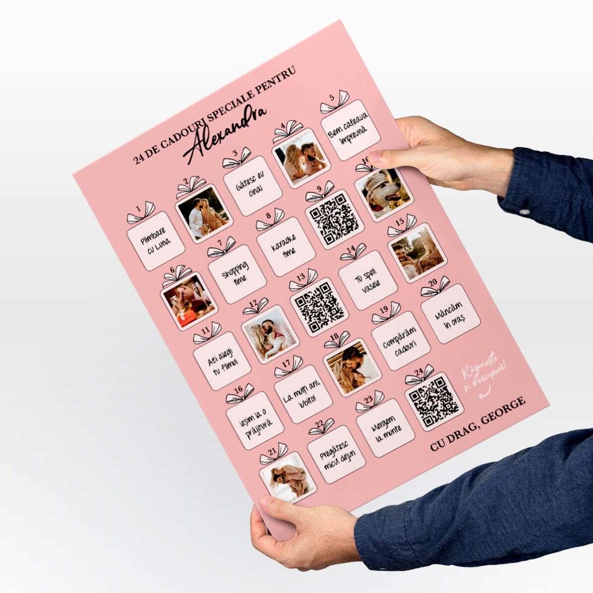 Gepersonaliseerde, afkrabbare adventsposter met foto’s, boodschap en QR-code