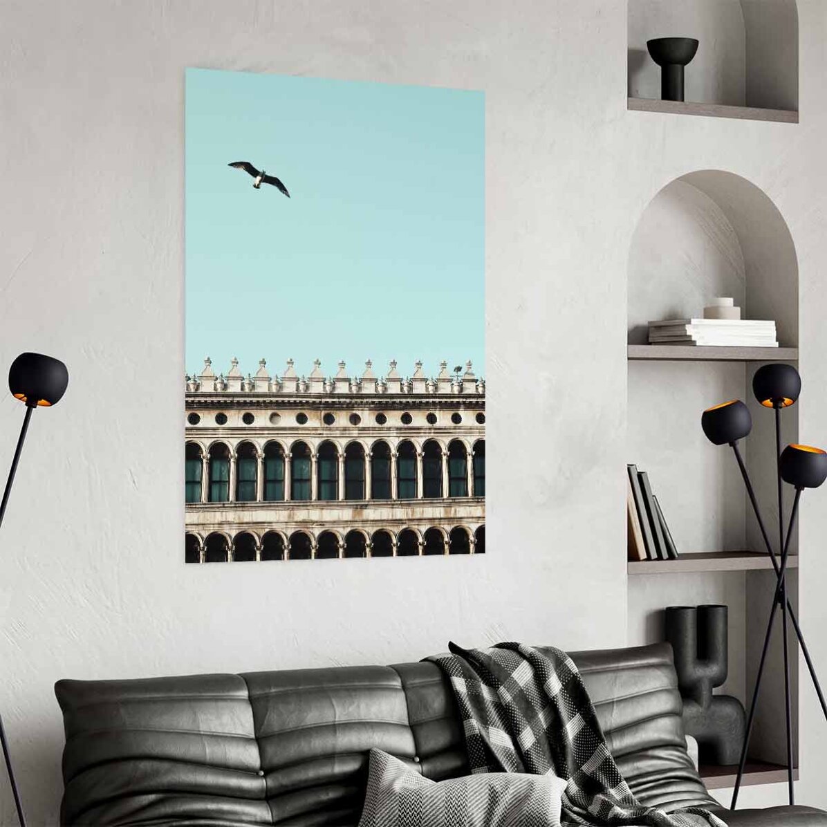 Poster met een vogel en een gebouw