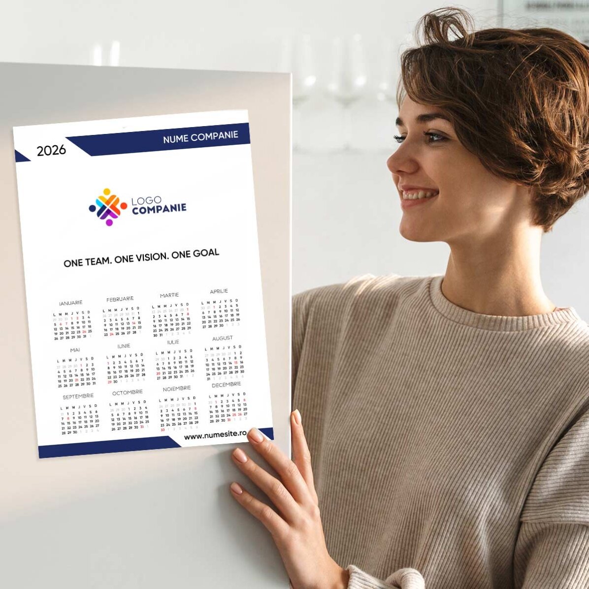 Gepersonaliseerde kalenderposter met logo en boodschap