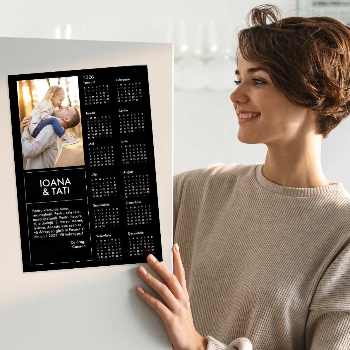 Gepersonaliseerde kalenderposter met een foto en een boodschap