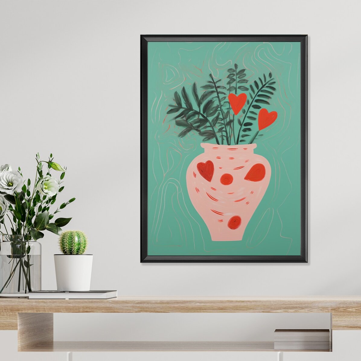 Poster met illustraties van potplanten en getekende hartjes