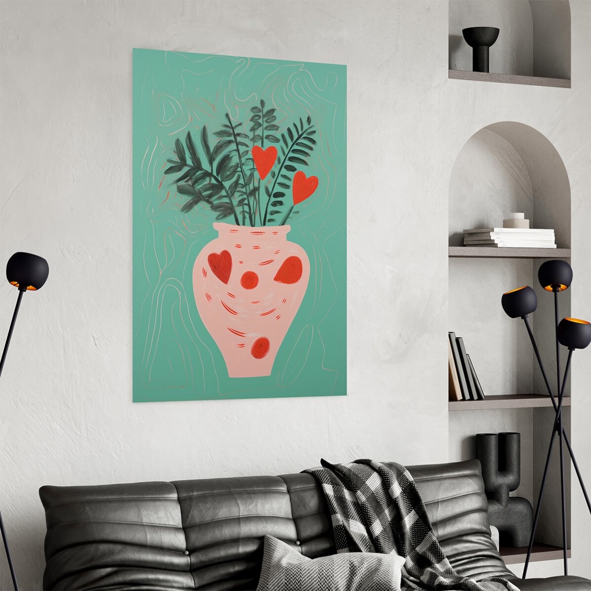 Poster met illustraties van potplanten en getekende hartjes