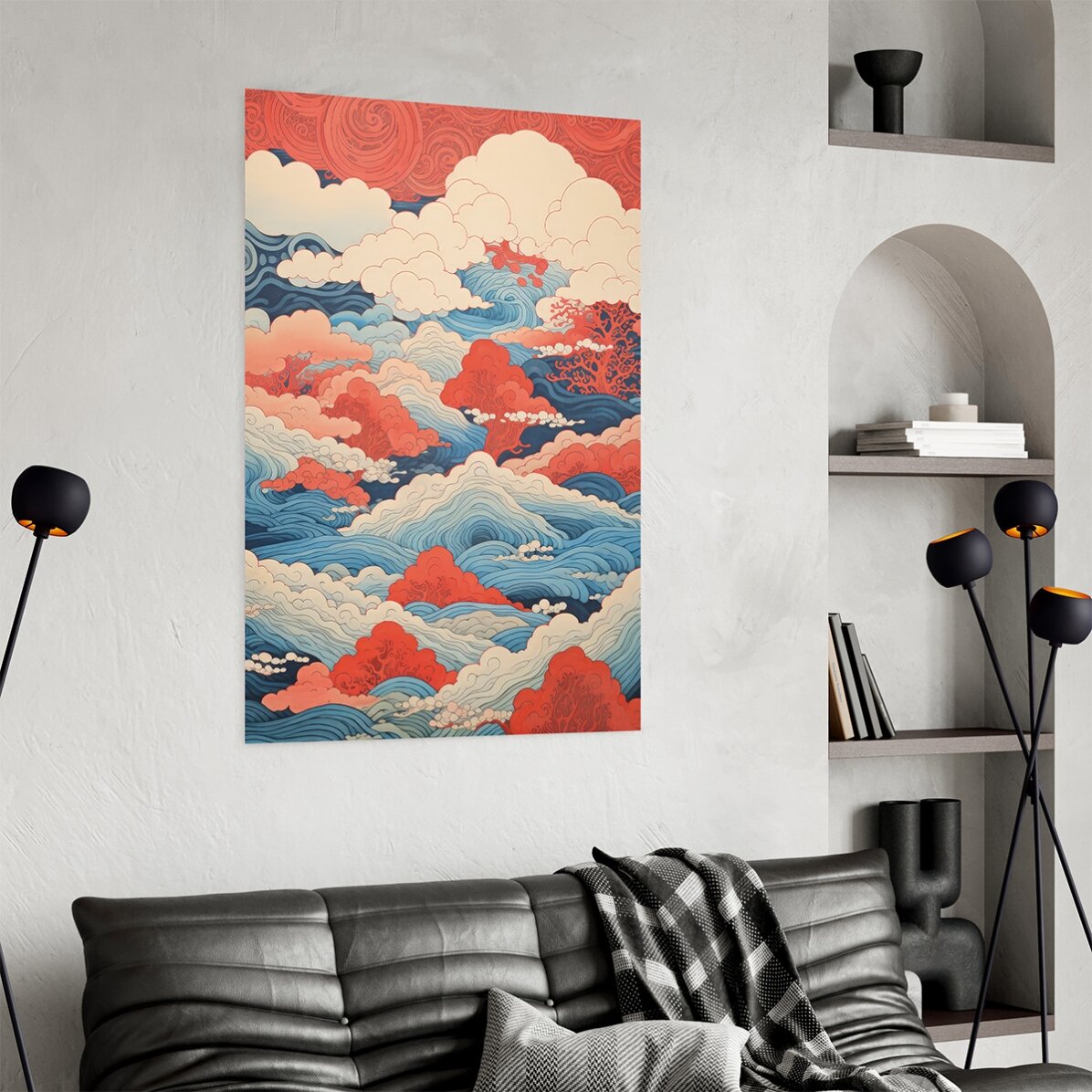 Japanese-style waves and clouds poster