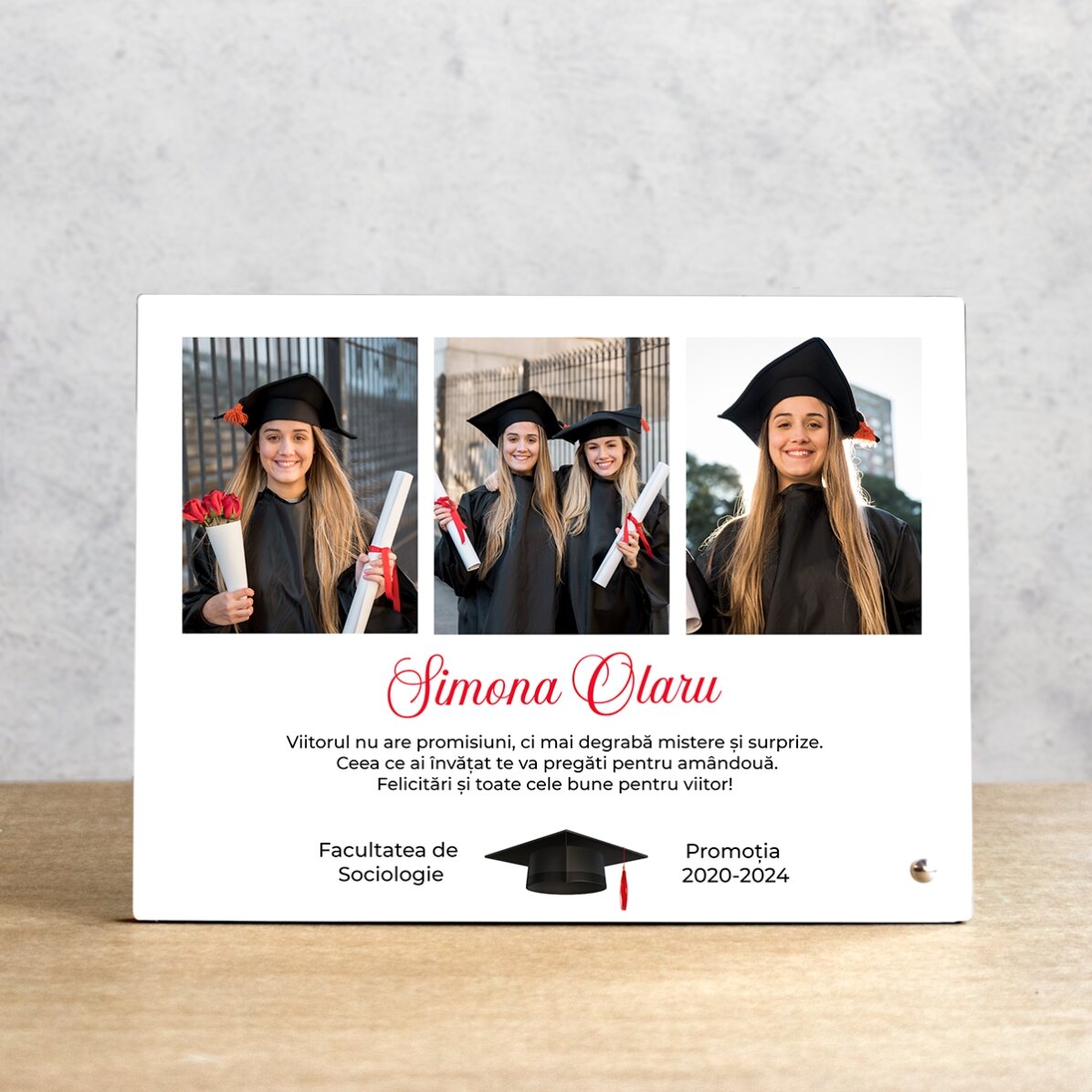 Gepersonaliseerde fotolijst voor op het bureau met 3 foto’s en tekst - Afstuderen