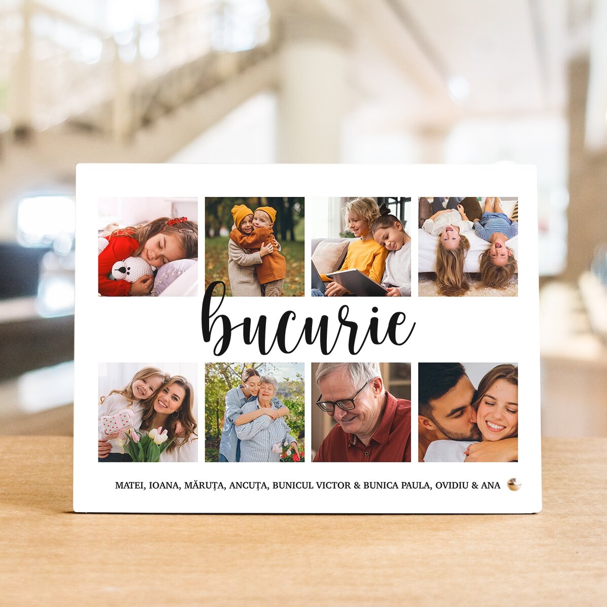 Gepersonaliseerde fotolijst voor op het bureau met 8 foto’s en tekst - Vreugde