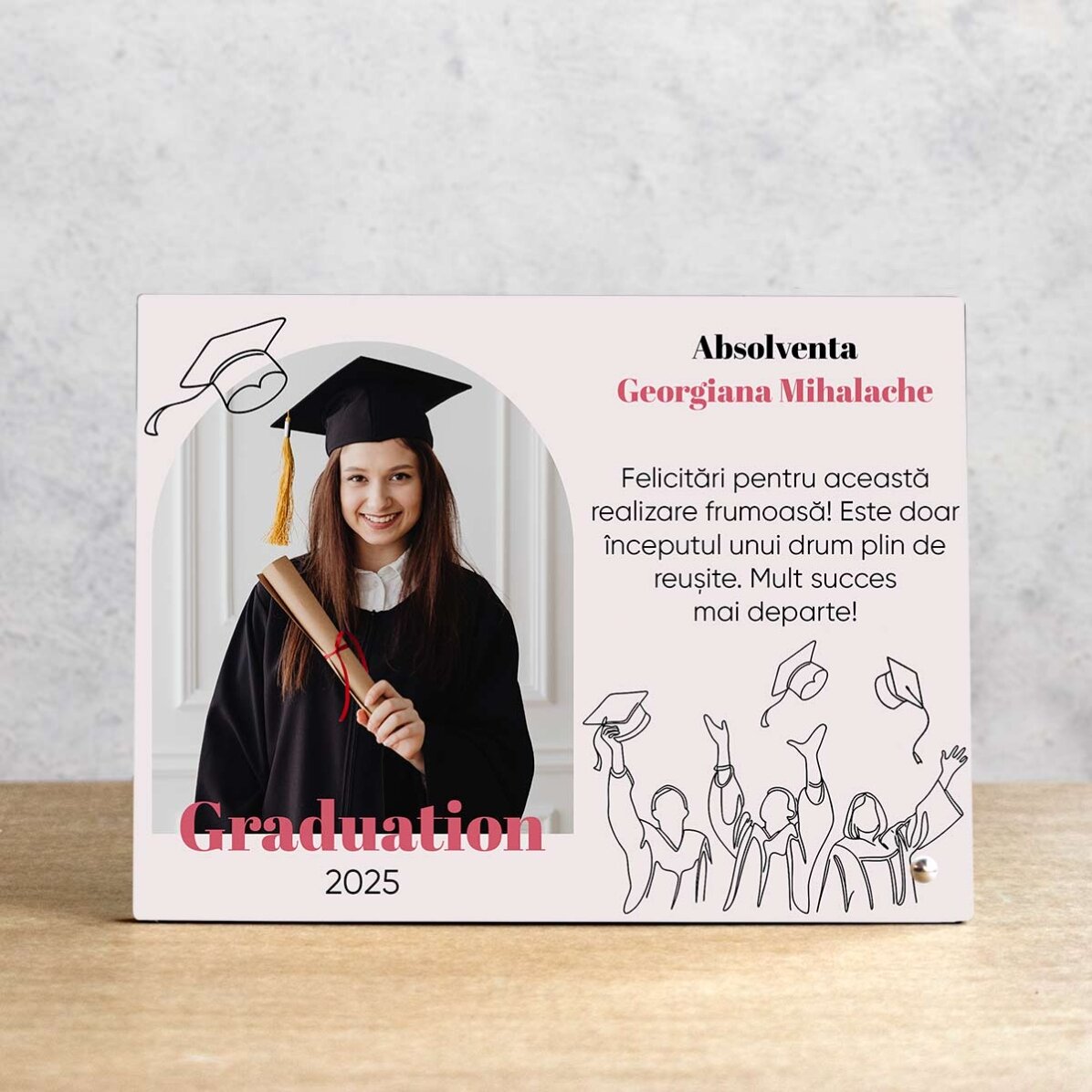 Gepersonaliseerde fotolijst voor op kantoor met een foto en een boodschap - Afgestudeerde