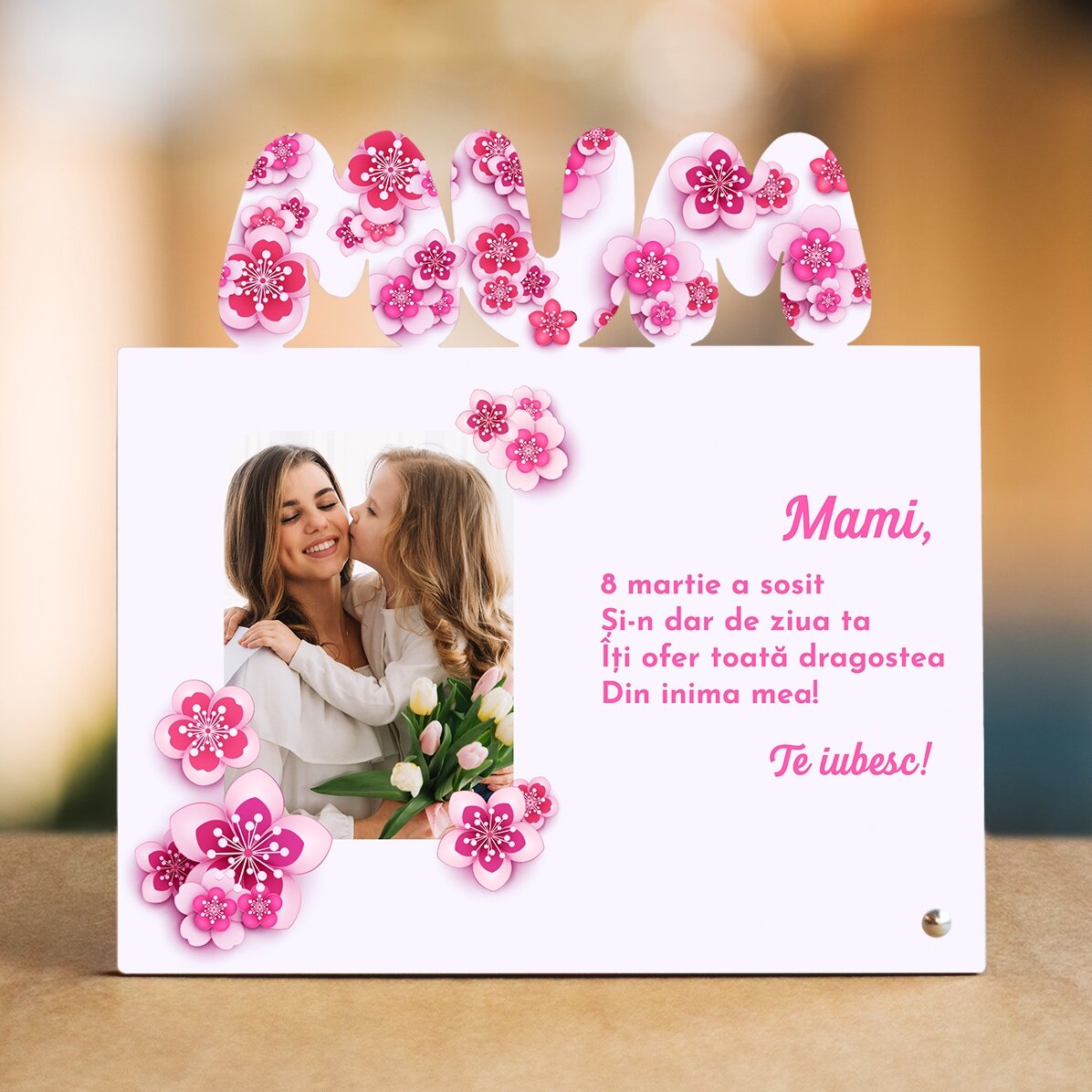 Gepersonaliseerde fotolijst voor op het bureau met foto en tekst - 8 maart