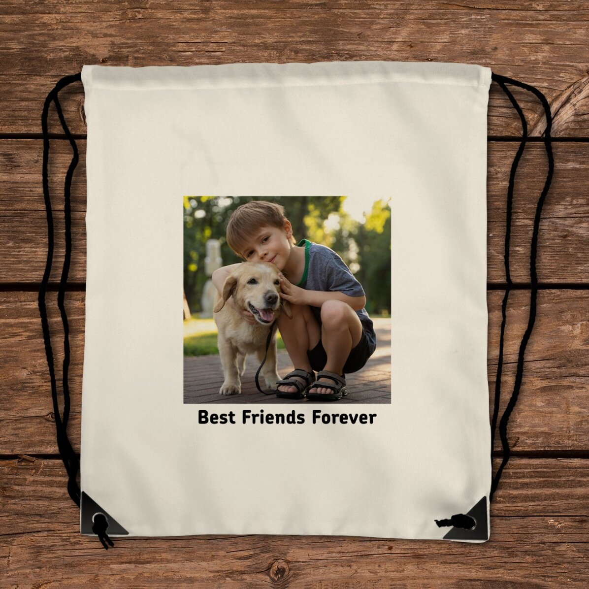Personalised rucksack with a square photo and text
