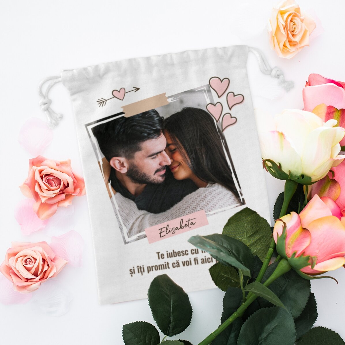 Small gift bag personalised with a photo and text - In love