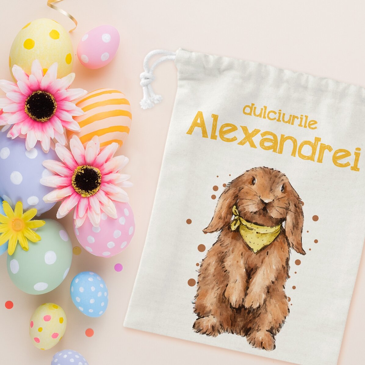 Kleine, gepersonaliseerde cadeauzakje met tekst - Konijntje met snoepjes