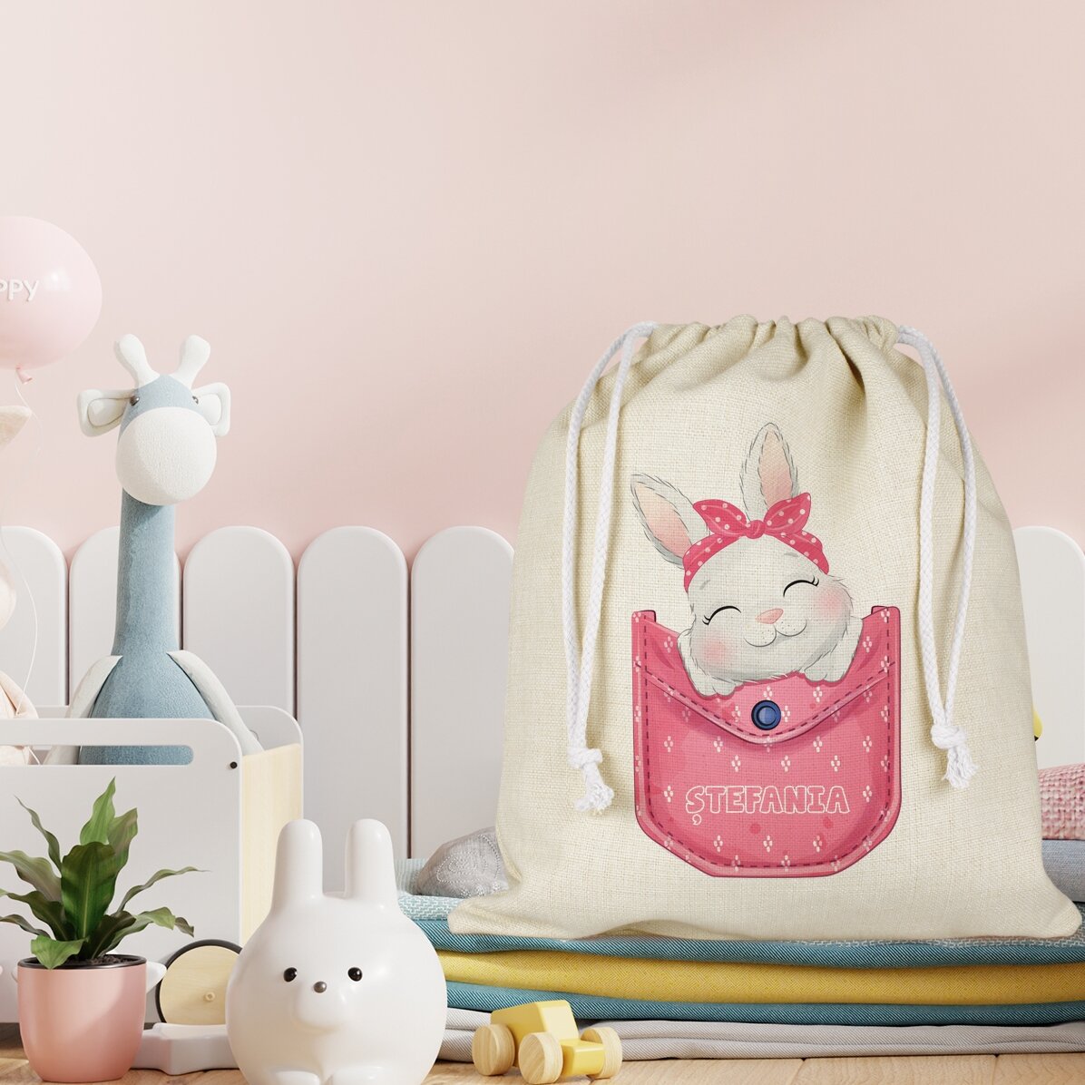 Cadeauzakje/kleuterschoolzakje met naam erop - Konijntje