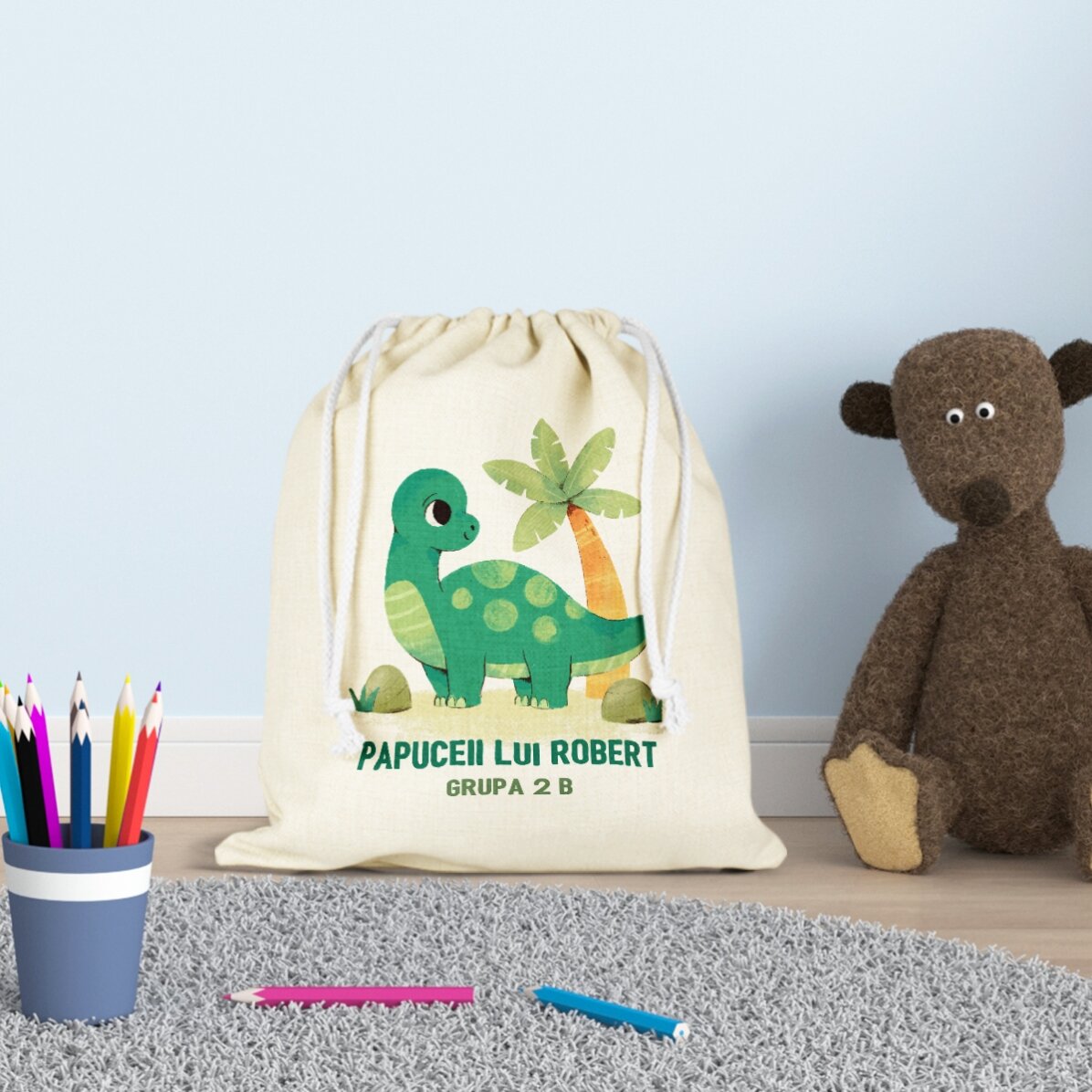 Gepersonaliseerd tasje voor de kleuterschool met tekst - Dino