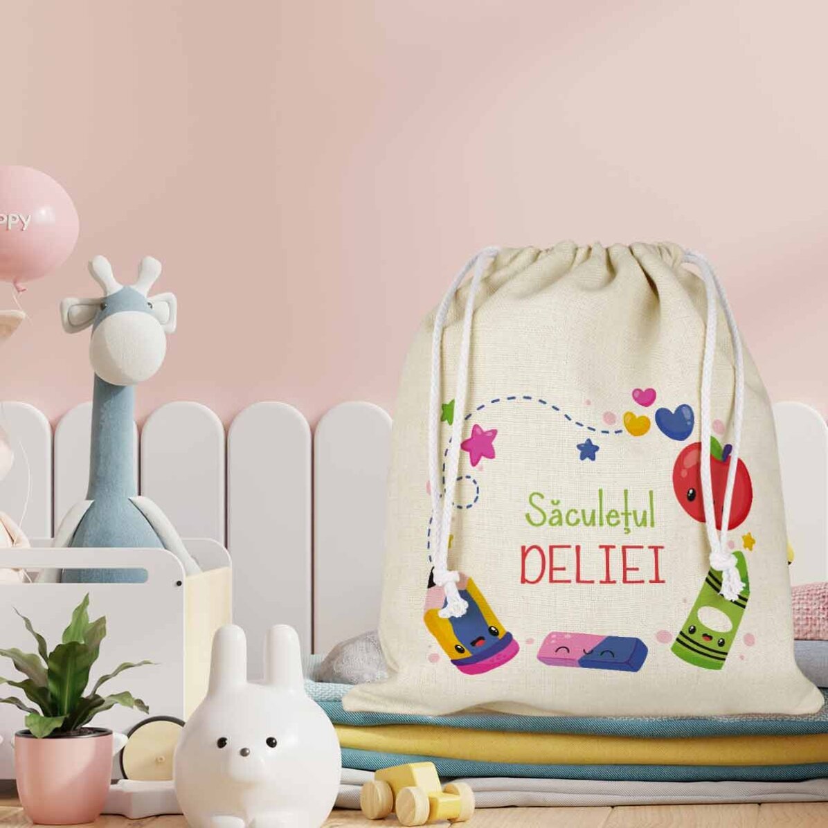 Gepersonaliseerd tasje voor de kleuterschool met tekst - Colors