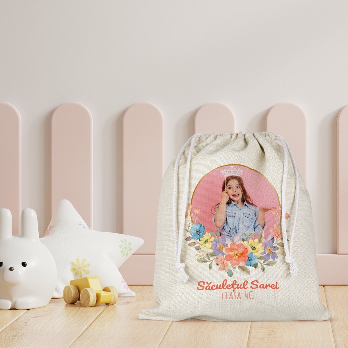 Gepersonaliseerd tasje voor de kleuterschool met tekst en een foto - Flowers