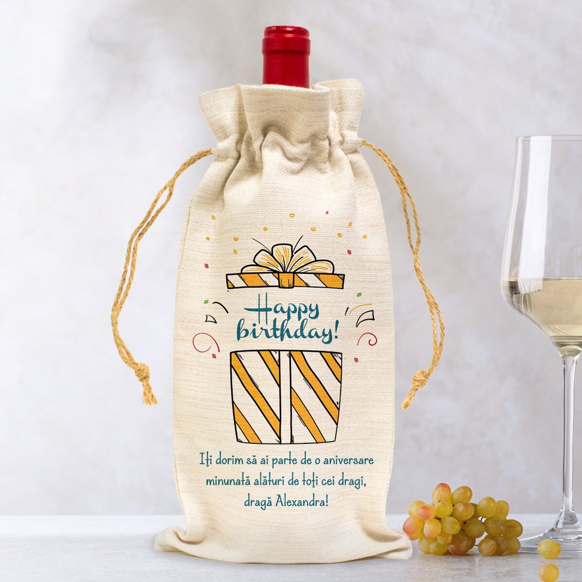 Gepersonaliseerd zakje voor een fles wijn - Verjaardagscadeau