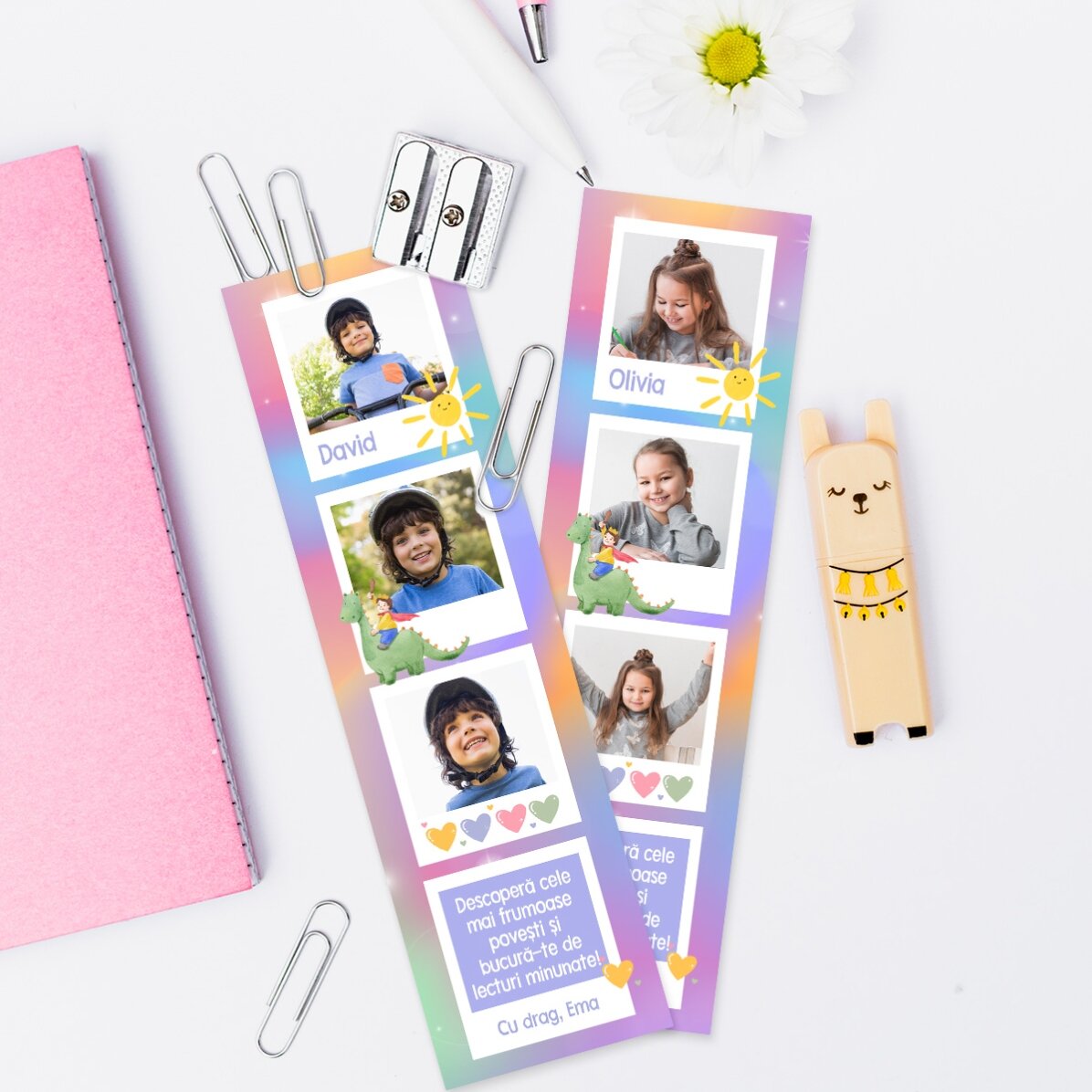Gepersonaliseerde boekenlegger met boodschap en 3 foto