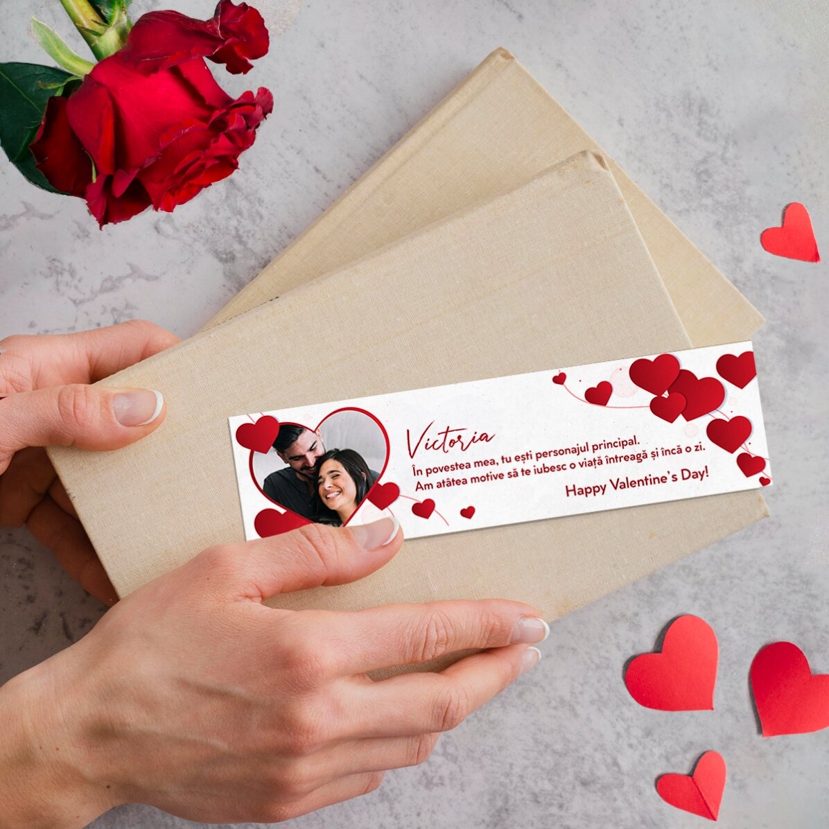 Gepersonaliseerde boekenlegger met een foto en een boodschap - I love you