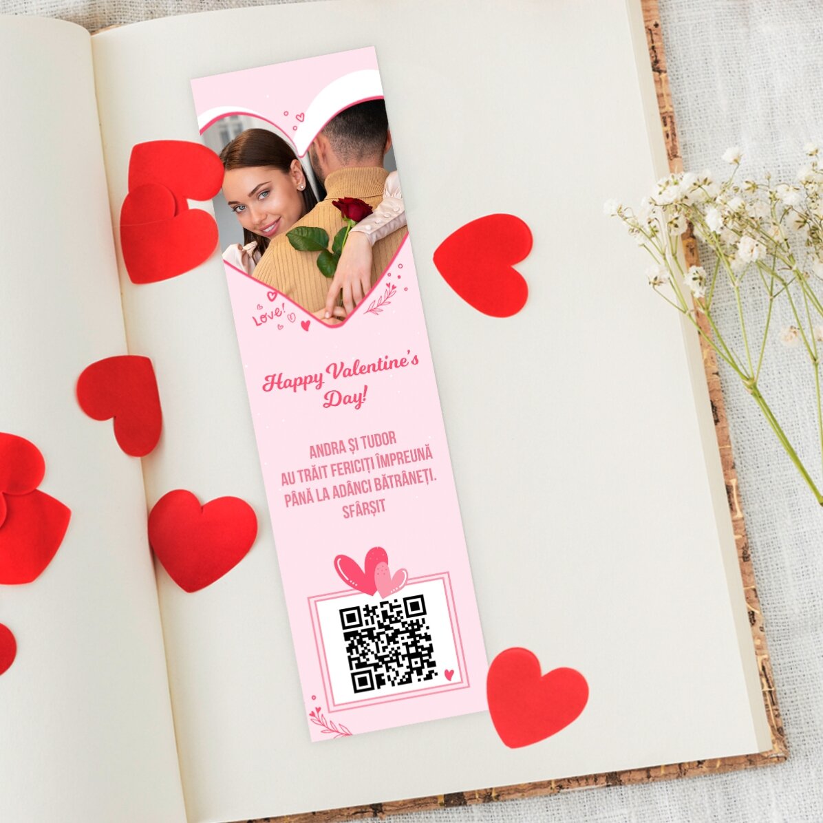 Gepersonaliseerde bladwijzer met foto, tekst en QR-code - Love