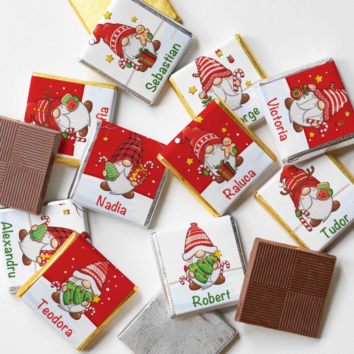 Set van 10 gepersonaliseerde minichocolade met naam - Kerstkabouters
