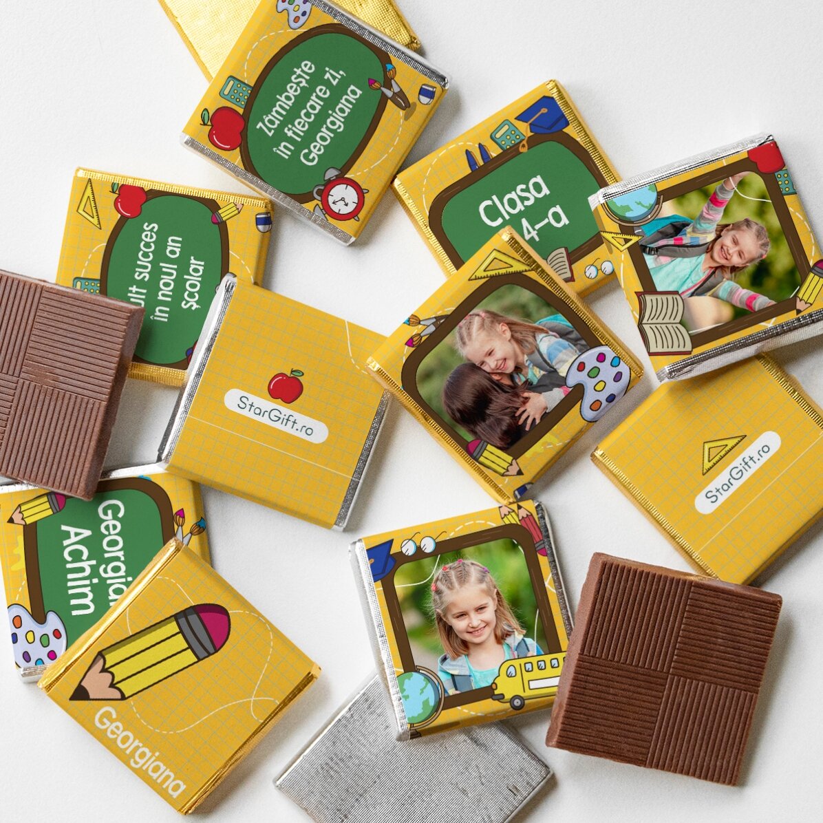 Set of 10 mini chocolates personalised with photos and text for the start of the school year