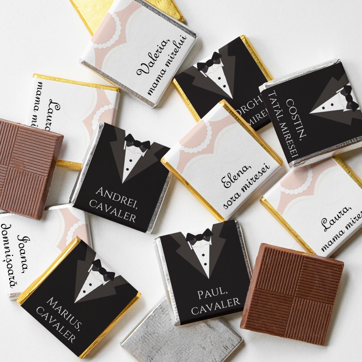 Set of 10 mini chocolates personalised with text - Mr and Mrs